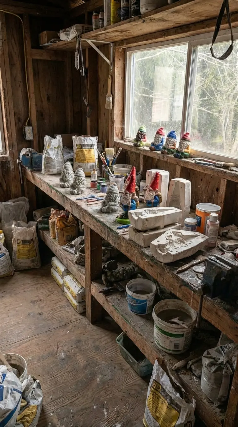 Our gnome workshop with molds, paints, and handcrafted garden gnomes